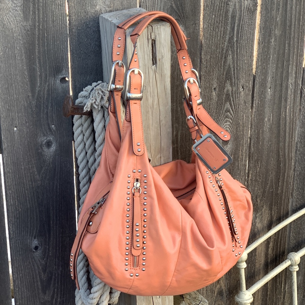b. makowsky Coral Leather Hobo with Stud and Buckle Details